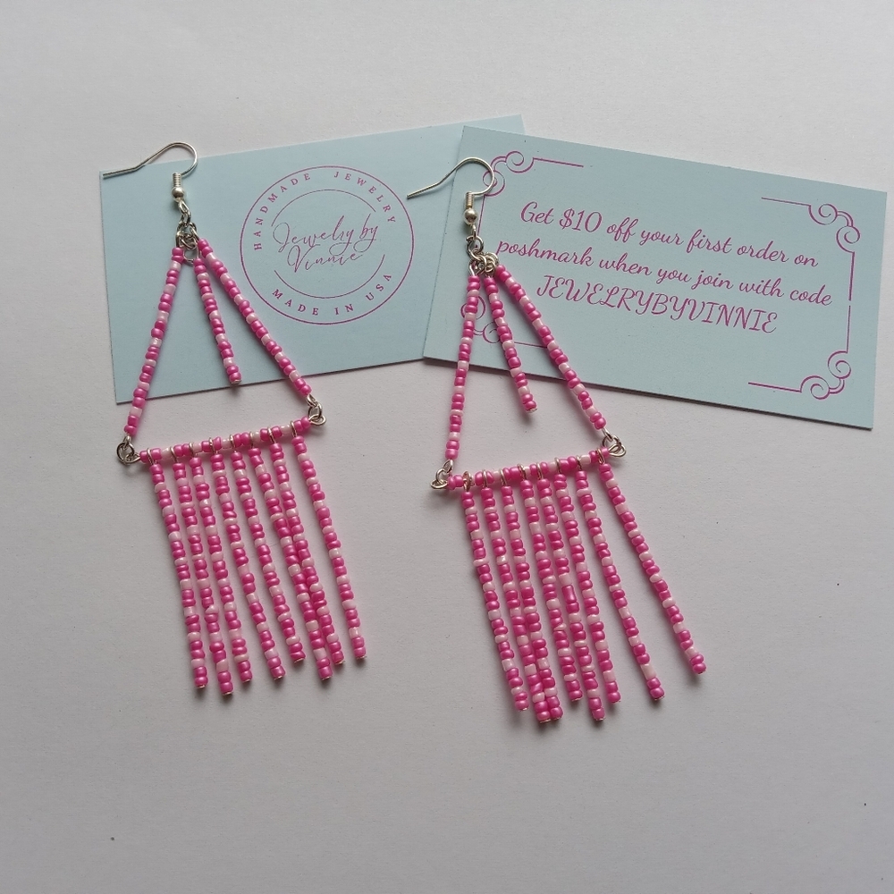 Hand Crafted Pink Beaded Earrings - Picture 6 of 7